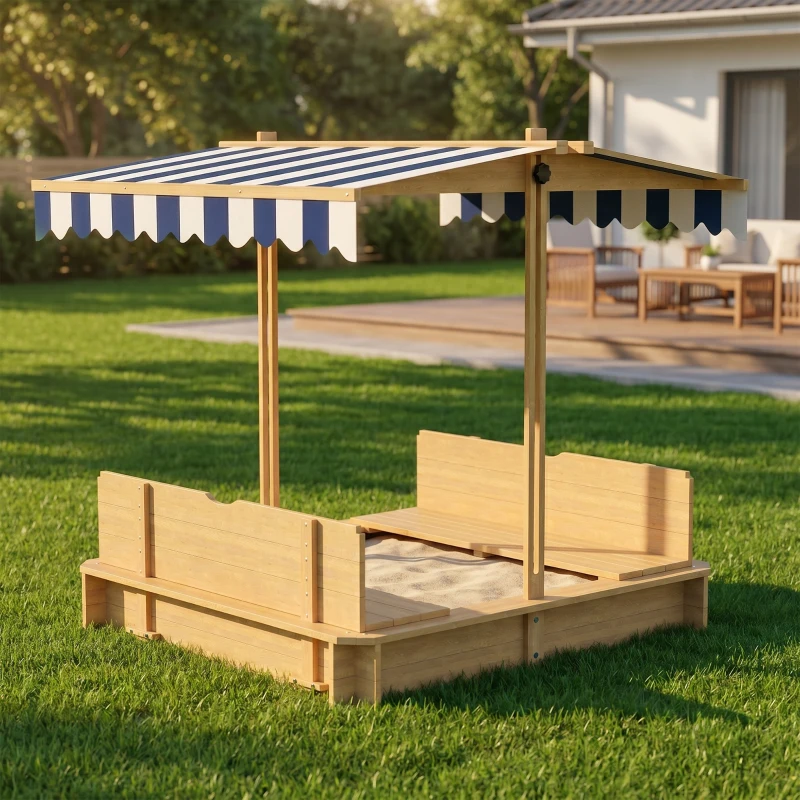 Outsunny Covered Sandbox, Wooden，with Cover Adjustable Canopy, Detachable Seats and Backrests, Kids Sandbox with Convertible Bench Seat, Bottom Liner, Natural Blue