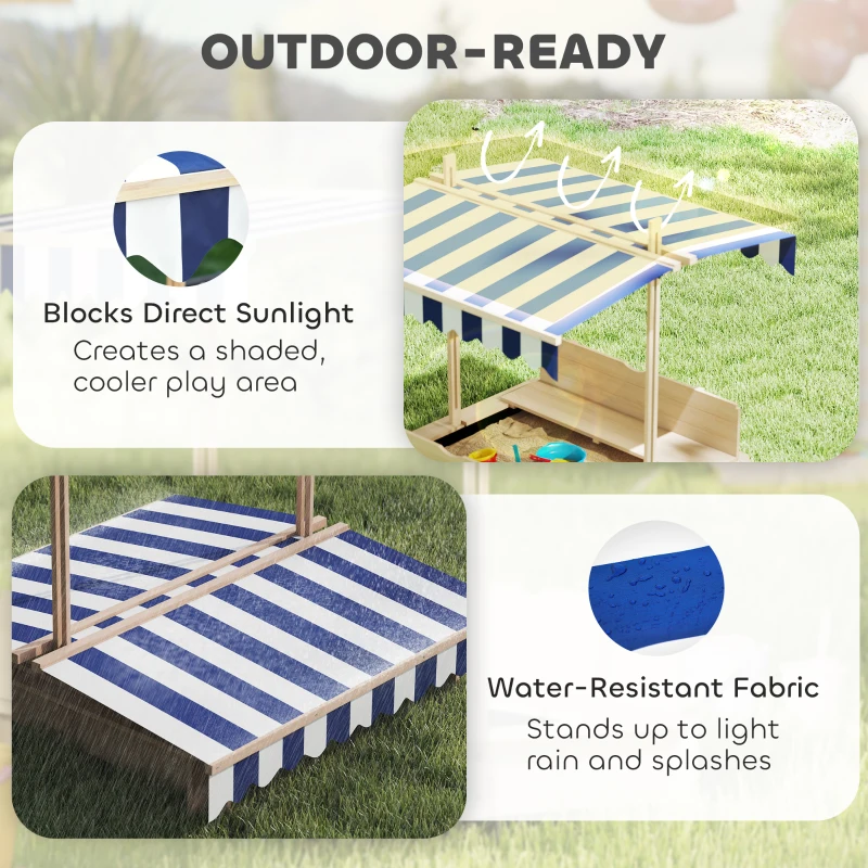 Outsunny Covered Sandbox, Wooden，with Cover Adjustable Canopy, Detachable Seats and Backrests, Kids Sandbox with Convertible Bench Seat, Bottom Liner, Natural Blue