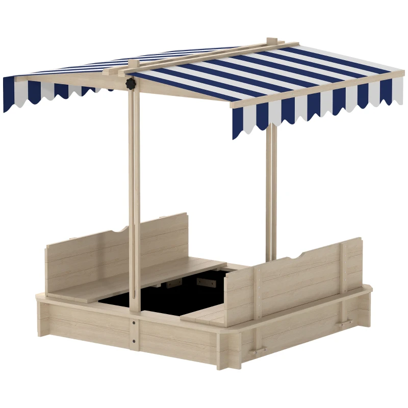 Outsunny Covered Sandbox, Wooden，with Cover Adjustable Canopy, Detachable Seats and Backrests, Kids Sandbox with Convertible Bench Seat, Bottom Liner, Natural Blue
