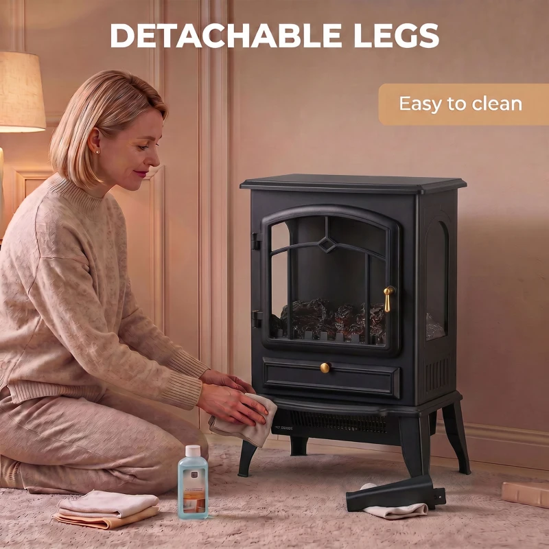HOMCOM Electric Fireplace Stove, 725W/1450W Infrared 3-Sided Freestanding Fireplace Heater with 3D Flame Log, Thermostat, Black