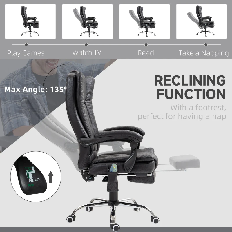Vinsetto Office Chair 6-point Vibration Massage Chair Micro Fiber Recliner with Retractable Footrest Black