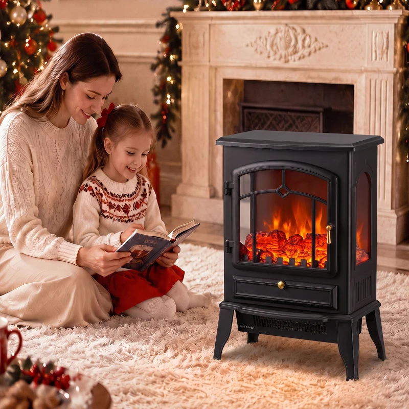 HOMCOM Electric Fireplace Stove, 725W/1450W Infrared 3-Sided Freestanding Fireplace Heater with 3D Flame Log, Thermostat, Black