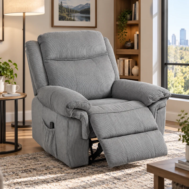 HOMCOM Manual Recliner Chair with Vibration Massage, Side Pockets, Corduroy Reclining Chair for Living Room, Grey