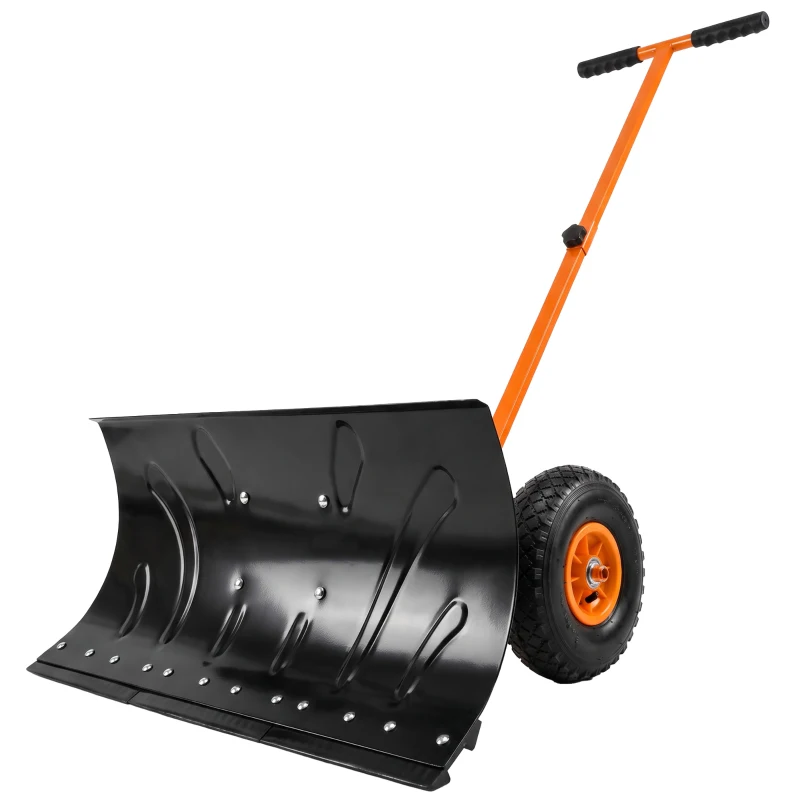 Outsunny Snow Shovel, Rolling Pusher with 29" Blade, 10" Wheels & Angle-Adjustable Handle, Orange