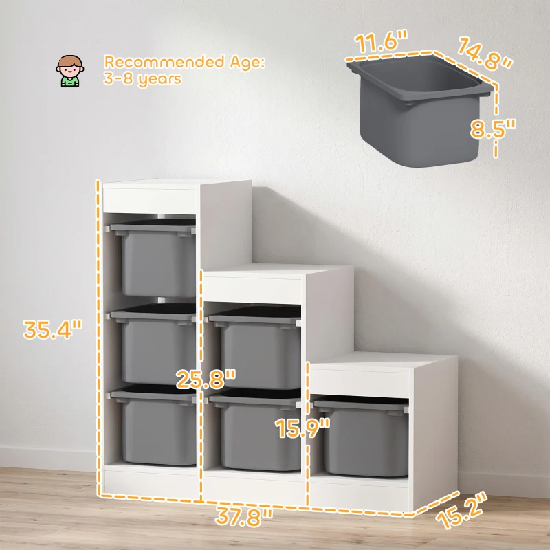 Qaba 3 Layers Kids Toy Storage Organizer with 6 Storage Bins, Kids Bookshelf for Ages 3-8 Years, Play Room, Bedroom, Gray