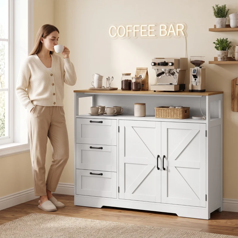 HOMCOM Sideboard Buffet Cabinet with Storage and Charging Station, 48" Farmhouse Kitchen Storage Cabinet with 3 Drawers, White