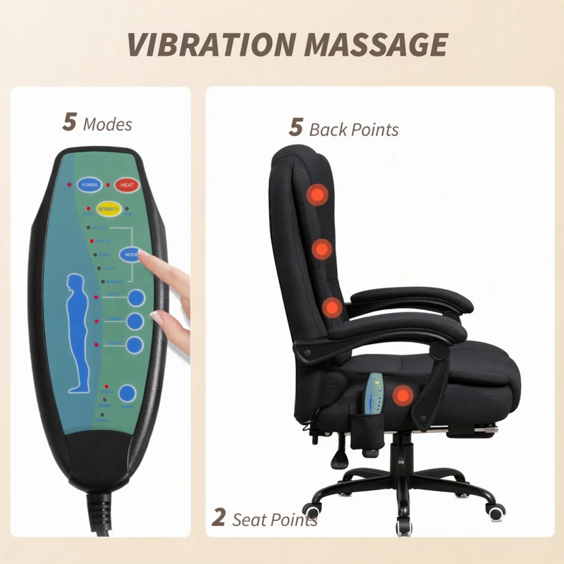 Vinsetto 7-Point Vibrating Massage Chair, Reclining Office Chair with Footrest, Reclining Back, Adjustable Height, Black