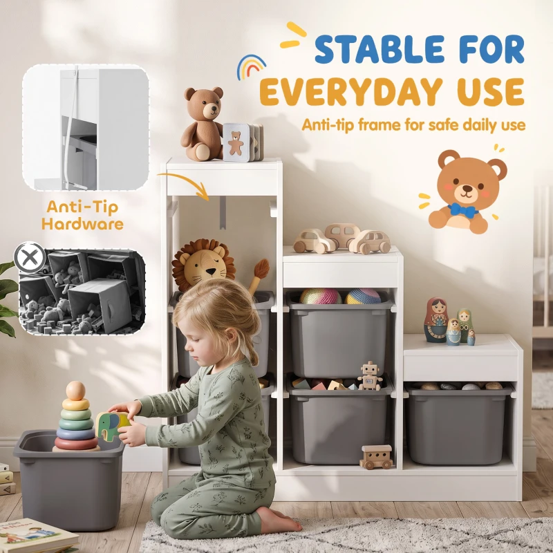 Qaba 3 Layers Kids Toy Storage Organizer with 6 Storage Bins, Kids Bookshelf for Ages 3-8 Years, Play Room, Bedroom, Gray