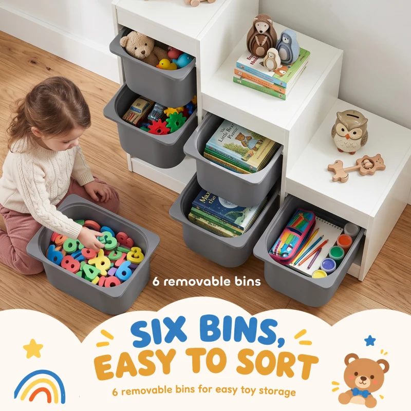 Qaba 3 Layers Kids Toy Storage Organizer with 6 Storage Bins, Kids Bookshelf for Ages 3-8 Years, Play Room, Bedroom, Gray