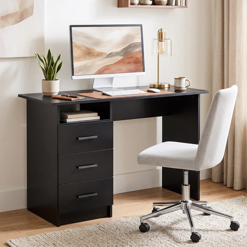HOMCOM Computer Desk with Storage, 39" Home Office Desk with 3 Drawers nad Open Shelf, Writing Table for Bedroom, Black