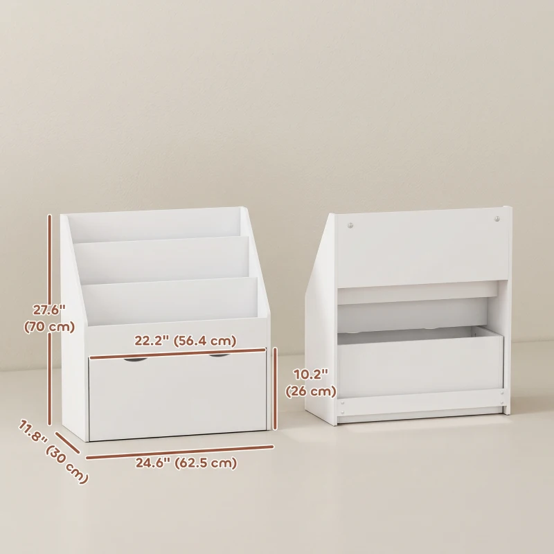 Qaba Kids Bookshelf with 3 Tier Display Shelves, Drawer for Nursery, White