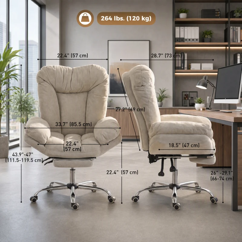 HOMCOM Armless office chair with Wheels, Waterfall Armrests, Overstuffed Wide Office Chair with Footrest, Light Grey