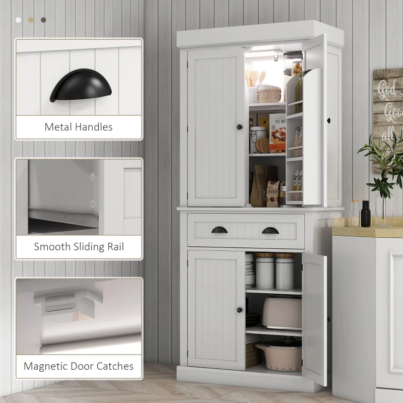 HOMCOM 71" Kitchen Pantry Cabinet with LED Lights, 6 Spice Racks, a Drawer and 4 Adjustable Shelves, White