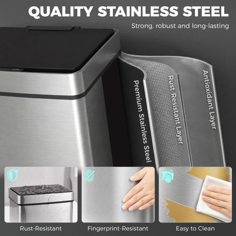 HOMCOM Sensor Trash Can, 19 Gallon Stainless Steel Kitchen Garbage Can with 3 Compartments, Removable Inner Buckets, Silver