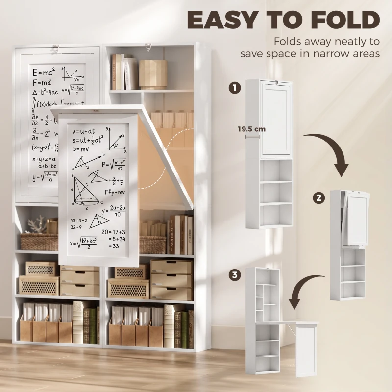HOMCOM Fold-out Convertible Office Desk, Wall Mount Computer Desk with Whiteboard and Side Shelf, White