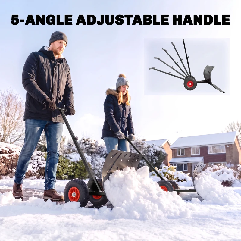 Outsunny Snow Shovel Rolling Pusher with 29" Blade, 10" Wheels & Angle-Adjustable Handle, Black