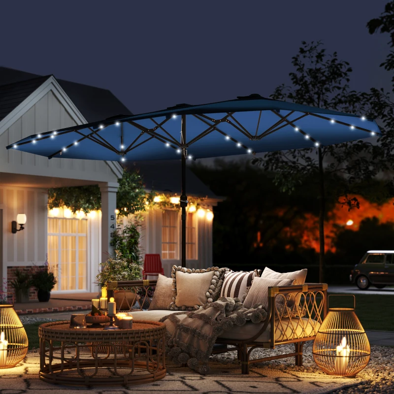 Outsunny Garden Parasol 14.4ft Double-Sided Sun Umbrella with Base, Patio Parasol with LED Solar Lights, Navy Blue