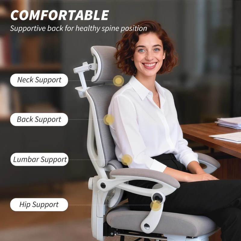 HOMCOM Mesh Desk Chair with Adjustable Headrest, Reclining Ergonomic Office Chair with Footrest, Light Grey