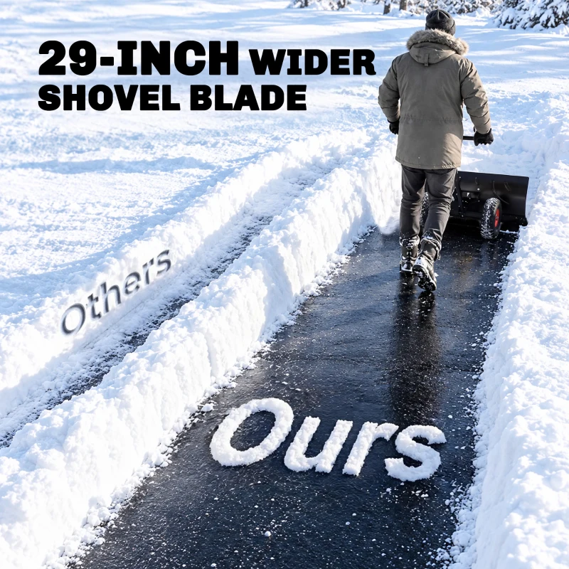 Outsunny Snow Shovel Rolling Pusher with 29" Blade, 10" Wheels & Angle-Adjustable Handle, Black