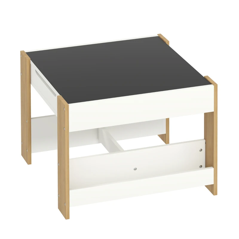 Qaba 3 Piece Kids Table and Chair Set with Reversible Tabletop, Blackboard, Storage, Bookshelf, for Playroom, Nursery Natural