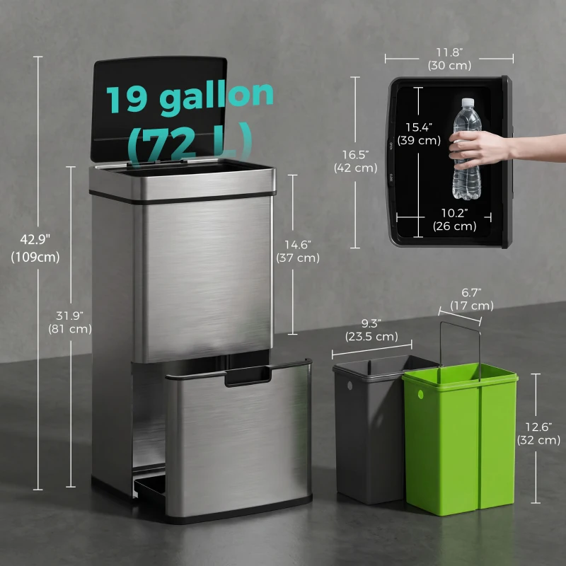 HOMCOM Sensor Trash Can, 19 Gallon Stainless Steel Kitchen Garbage Can with 3 Compartments, Removable Inner Buckets, Silver