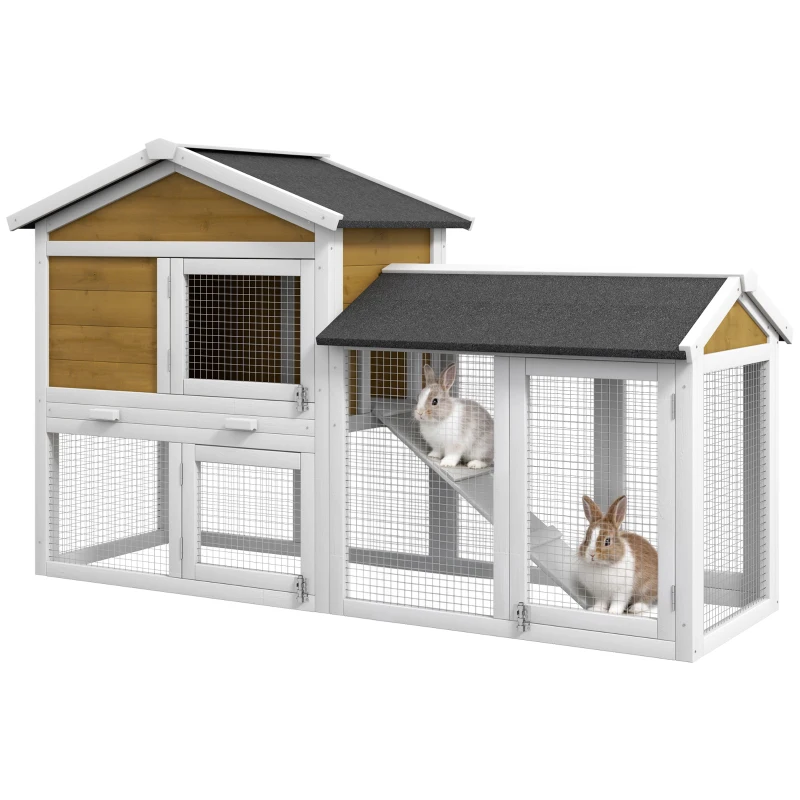 PawHut 58" Wooden Rabbit Hutch with Run, Removable Tray, Asphalt Roof,  Lockable Doors and Ramp, Nature Wood