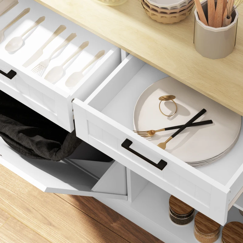 HOMCOM Hidden Garbage Bin Cabinet, Tilt Out Trash Cabinet w/ 2 Drawers, Freestanding Kitchen Island for Laundry, White