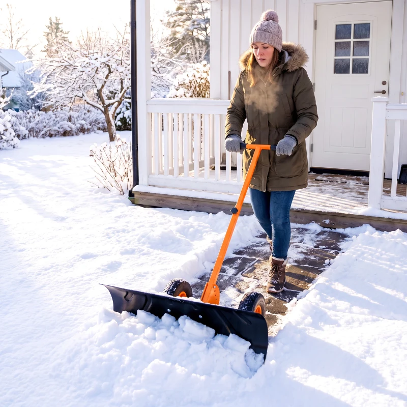 Outsunny Snow Shovel, Rolling Pusher with 29" Blade, 10" Wheels & Angle-Adjustable Handle, Orange