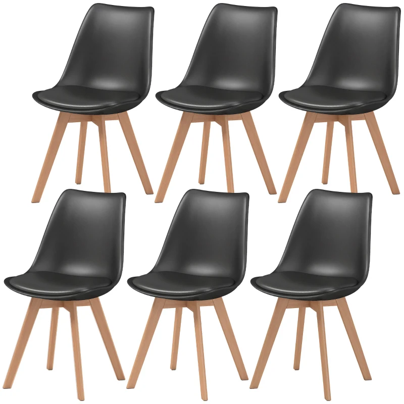 HOMCOM Modern Dining Table Chairs Set of 6, Rubber Wood Kitchen Table Chairs with PU Leather Cushion for Living Room, Bedroom