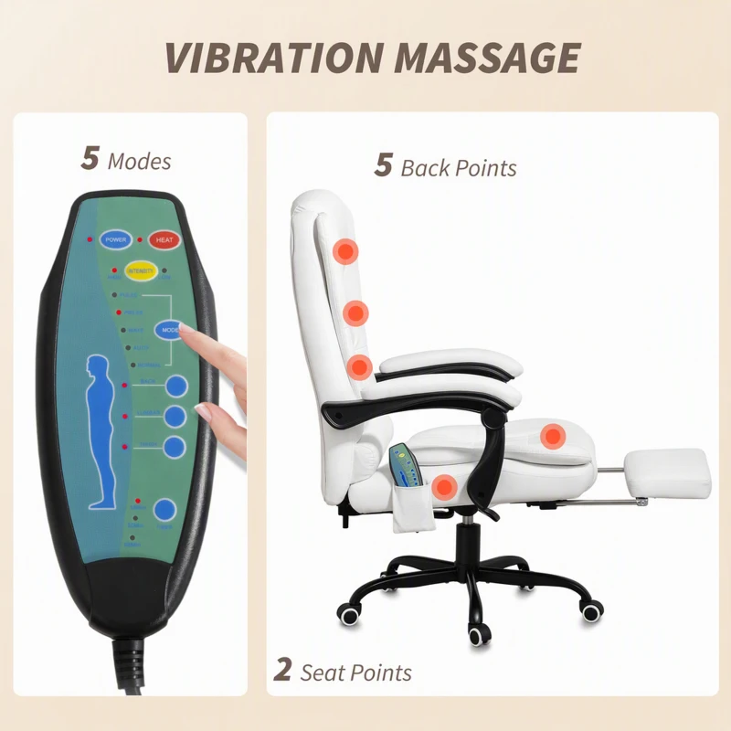 Vinsetto 7-Point Vibrating Massage Chair, Reclining Office Chair with Footrest, Reclining Back, Adjustable Height, White