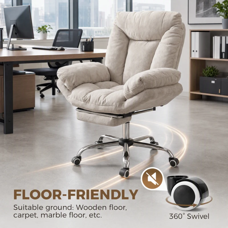HOMCOM Armless office chair with Wheels, Waterfall Armrests, Overstuffed Wide Office Chair with Footrest, Light Grey
