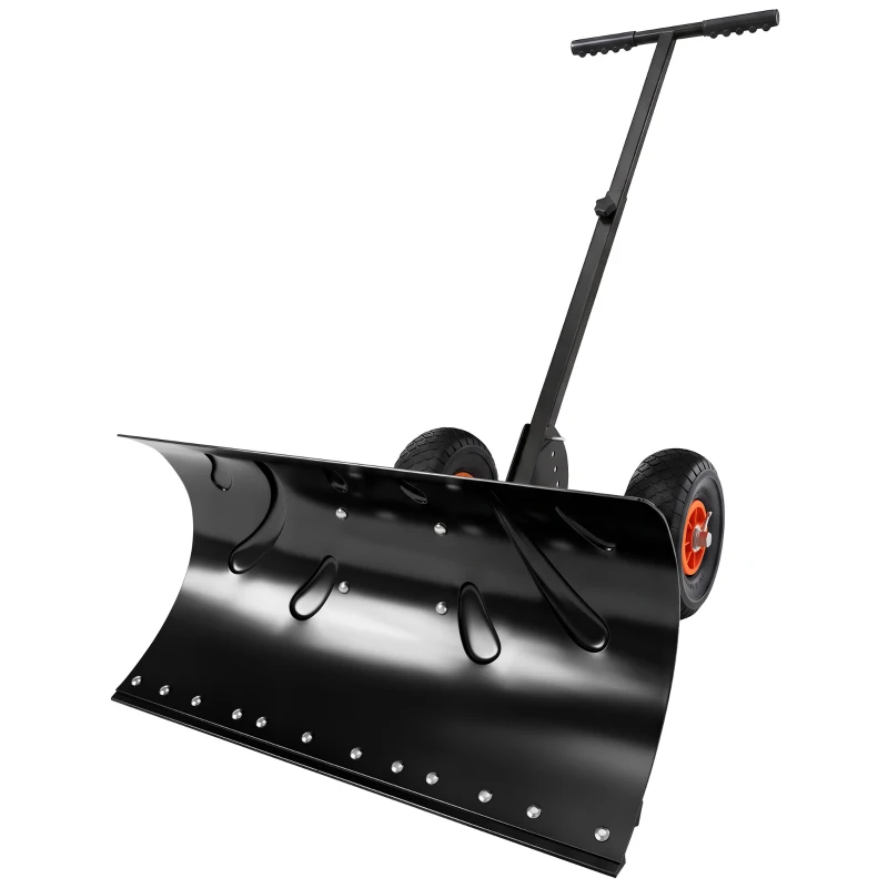 Outsunny Snow Shovel Rolling Pusher with 29" Blade, 10" Wheels & Angle-Adjustable Handle, Black