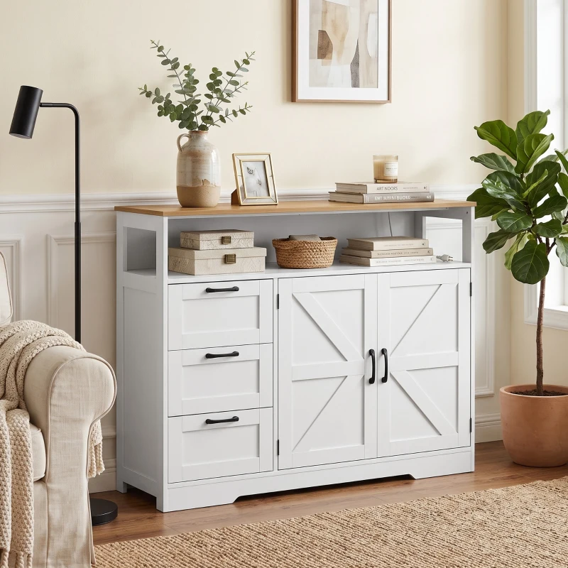 HOMCOM Sideboard Buffet Cabinet with Storage and Charging Station, 48" Farmhouse Kitchen Storage Cabinet with 3 Drawers, White