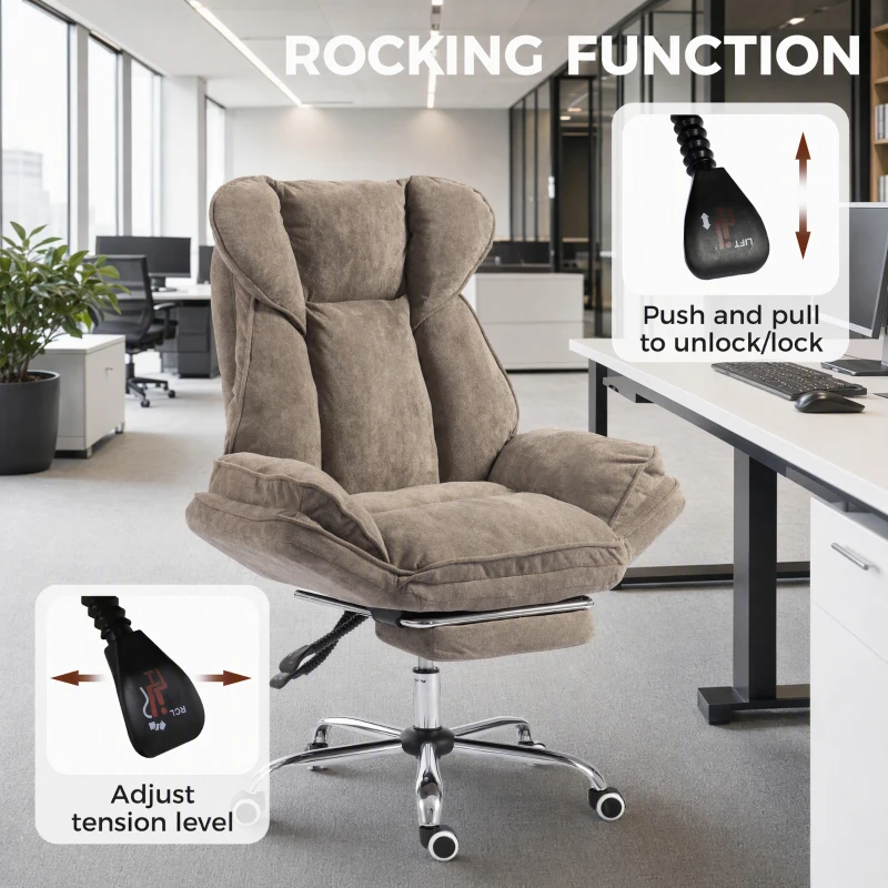 HOMCOM Big and Tall Office Chair Footrest Executive Desk Chair High Back Snowflake Velvet Reclining, Brown
