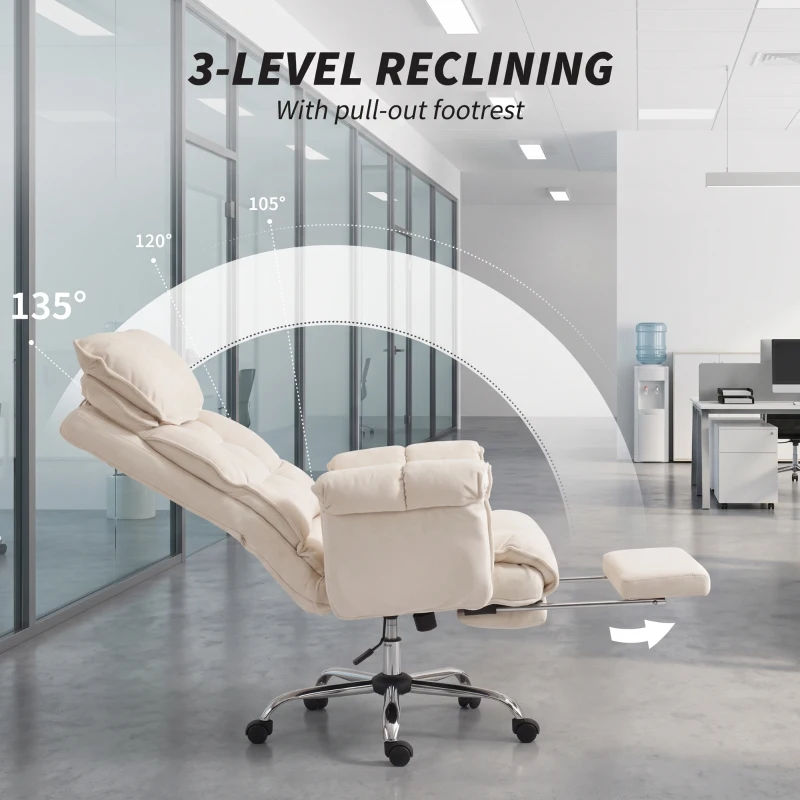 HOMCOM Desk Chair, Computer Office Chair with Footrest, Adjustable Backrest and Headrest, Cream White