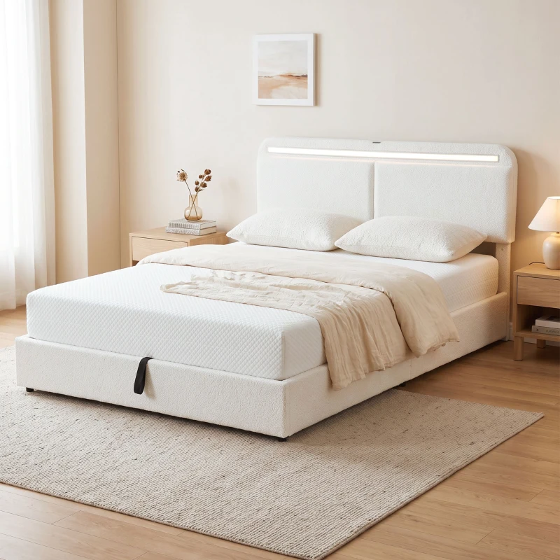 HOMCOM Queen Size Bed Frame with Charging Station, LED Lights, Adjustable Headboard, Upholstered Platform Bed Frame White