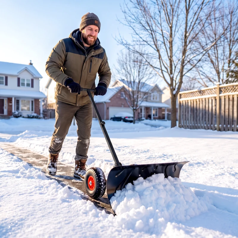 Outsunny Snow Shovel Rolling Pusher with 29" Blade, 10" Wheels & Angle-Adjustable Handle, Black