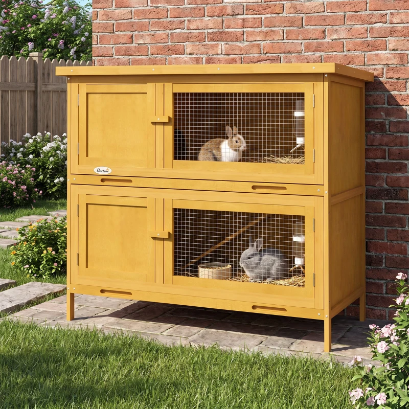 PawHut Wooden Bunny Hutch with Ramp, Indoor/Outdoor, Yellow