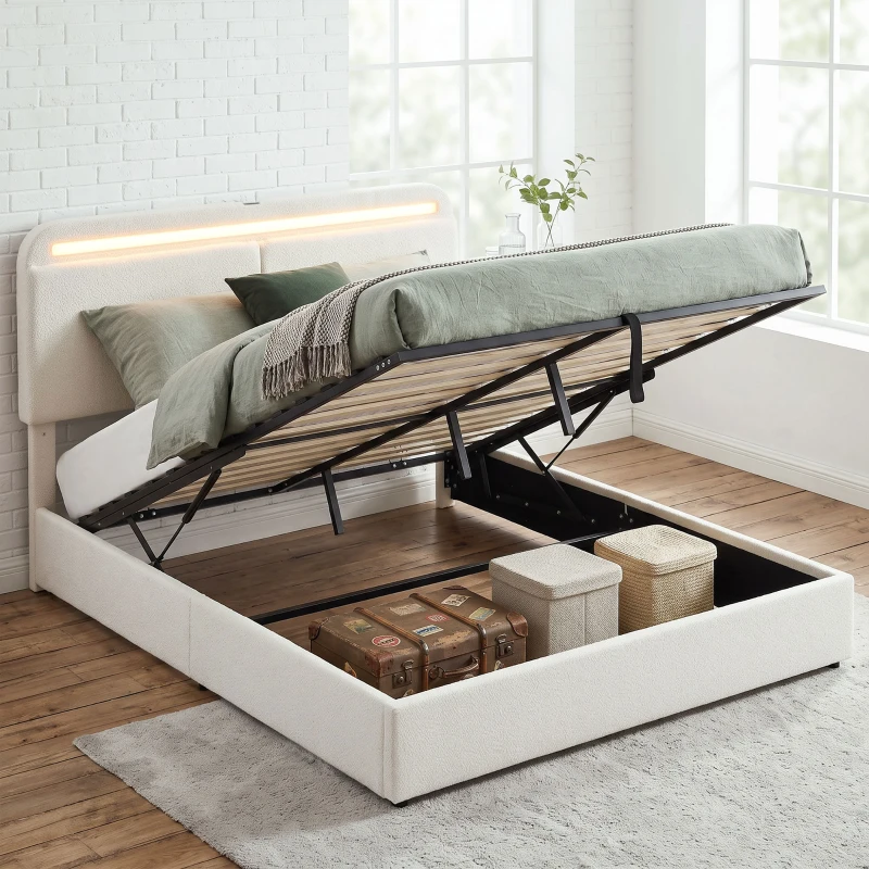 HOMCOM Queen Size Bed Frame with Charging Station, LED Lights, Adjustable Headboard, Upholstered Platform Bed Frame White