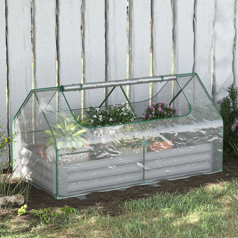 Outsunny 6 x 3 x 1ft Metal Planter Box with Mini Greenhouse, Galvanized Raised Garden Bed with Cover