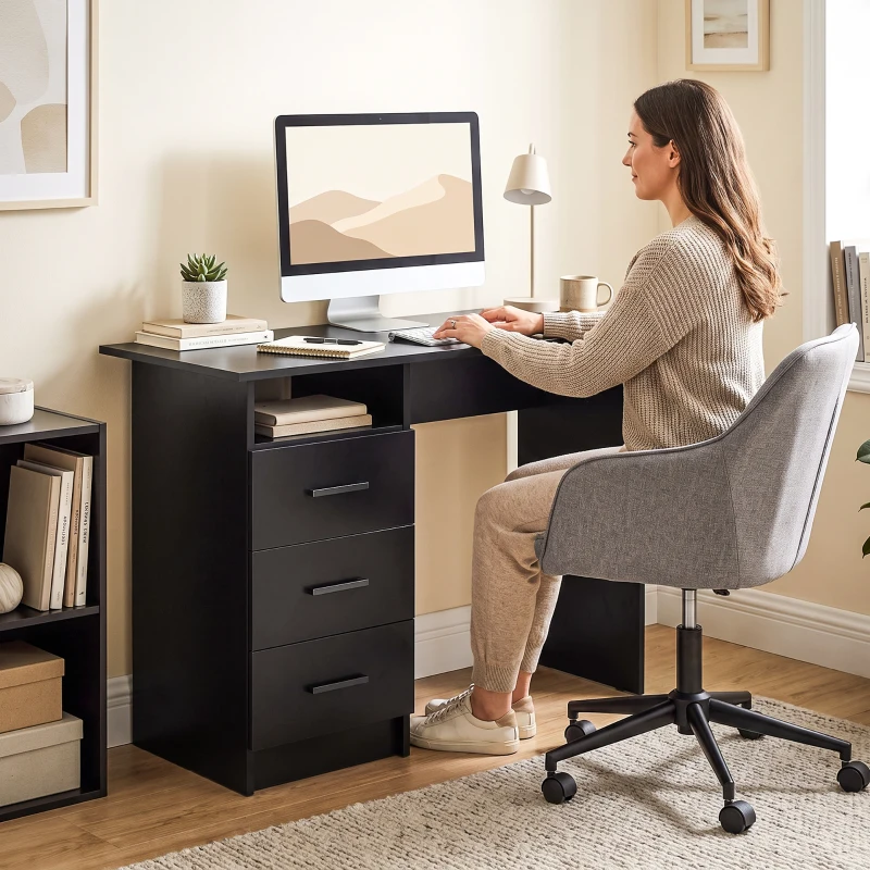 HOMCOM Computer Desk with Storage, 39" Home Office Desk with 3 Drawers nad Open Shelf, Writing Table for Bedroom, Black