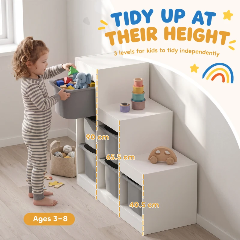 Qaba 3 Layers Toy Storage Organizer Kids Bookshelf Children Toy Storage w/ 6 Plastic Bins, Grey