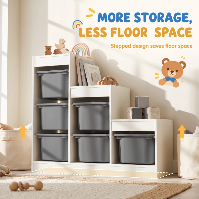 Qaba 3 Layers Kids Toy Storage Organizer with 6 Storage Bins, Kids Bookshelf for Ages 3-8 Years, Play Room, Bedroom, Gray