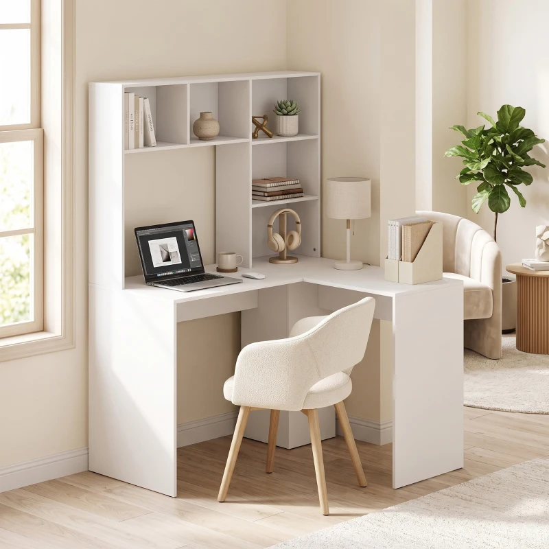 HOMCOM Modern Corner Computer Desk, L Shaped Desk with Storage Shelves for Home Office, Bedroom, White