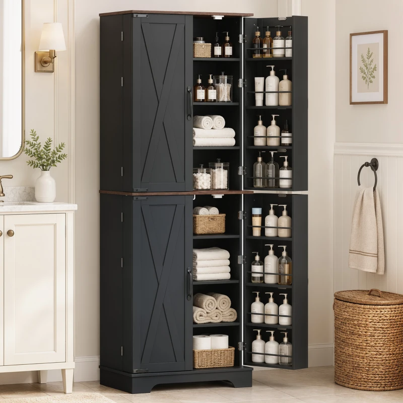 HOMCOM 166 cm Kitchen Pantry Cabinet Adjustable Shelves Tall Storage Cabinet Door Shelves 8 Shelves Brown Black