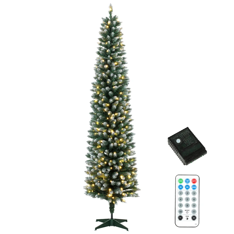 HOMCOM 6ft Pencil Prelit Christmas Tree, Dual Color LEDs, Flocked, Remote, Slim Xmas Tree with 11 Modes, Green White