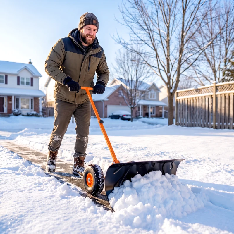 Outsunny Snow Shovel, Rolling Pusher with 29" Blade, 10" Wheels & Angle-Adjustable Handle, Orange