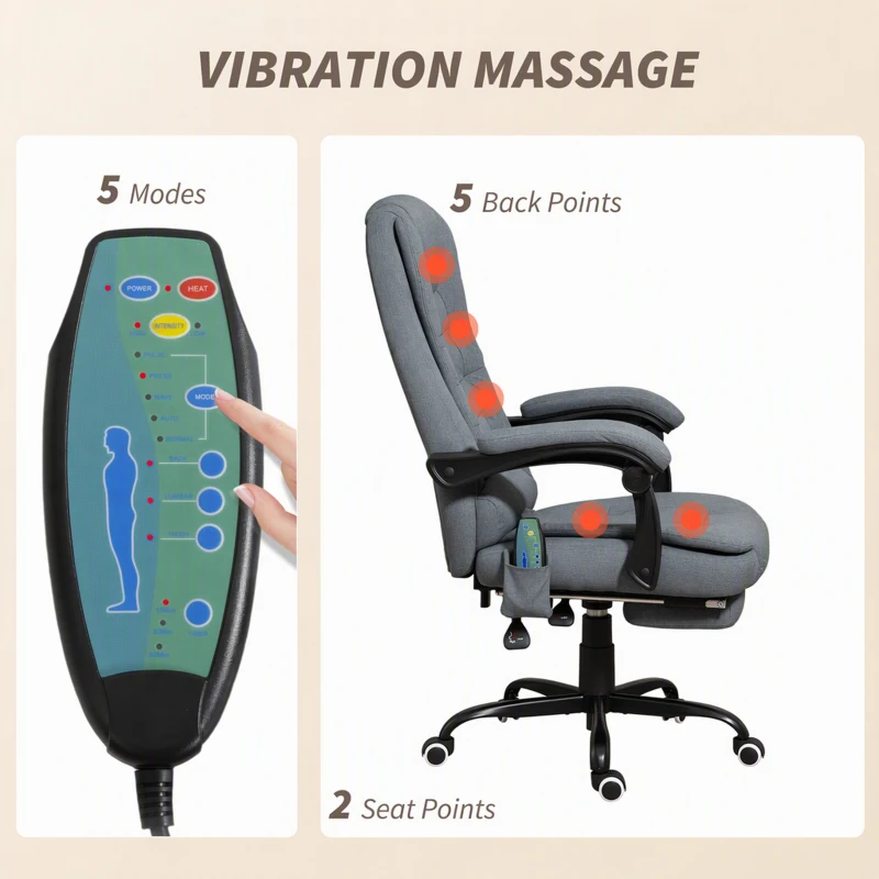 Vinsetto 7-Point Vibrating Massage Chair, Reclining Office Chair with Footrest, Reclining Back, Adjustable Height, Grey