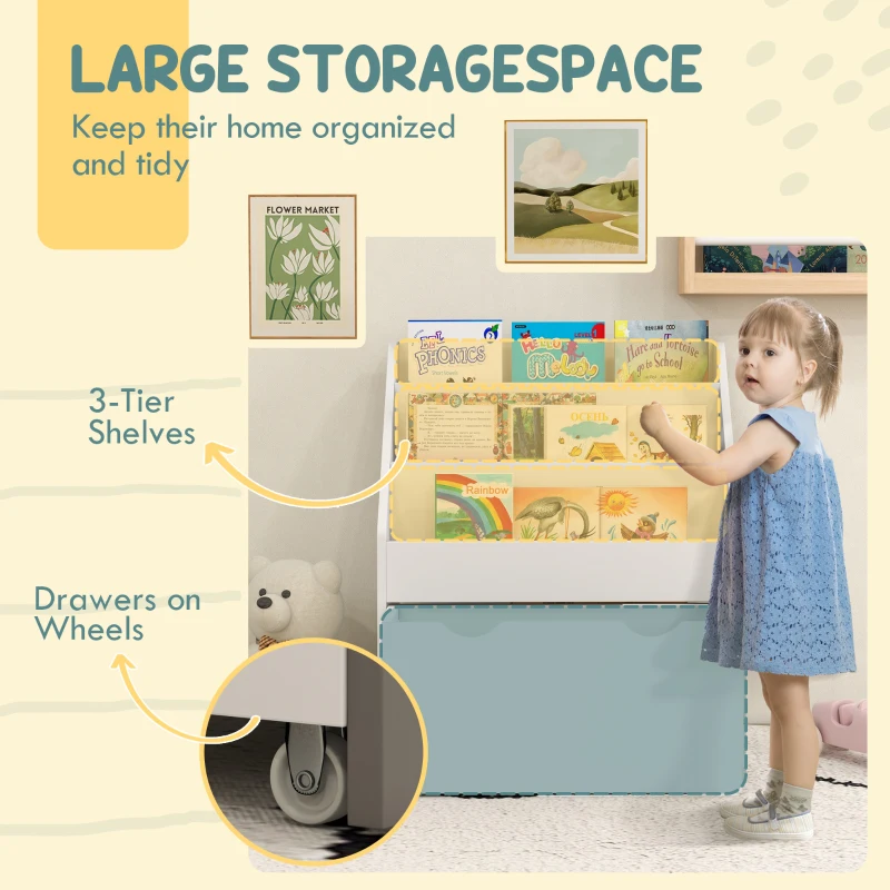 Qaba Kids Bookshelf with 3 Tier Display Shelves, Drawer for Nursery, White