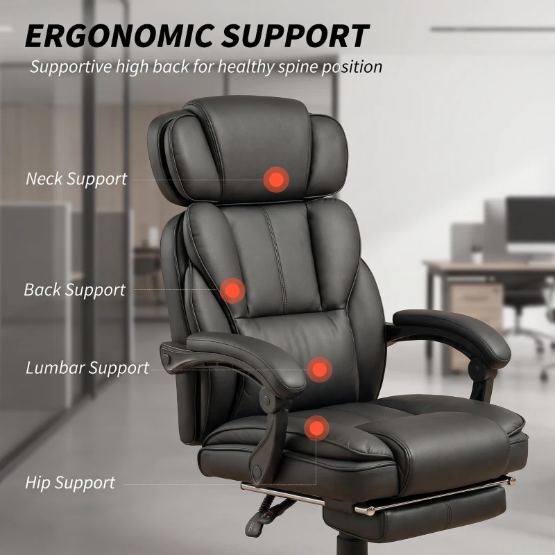 HOMCOM PU Leather Office Chair, Reclining Desk Chair with Footrest, Adjustable Headrest, Lumbar Support, Swivel Wheels, Black